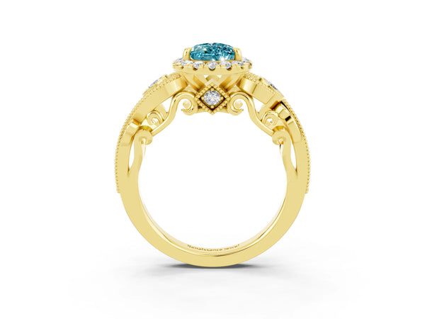 Yellow gold Pear Cut Blue Topaz Halo Ring with Milgrain Pavé Band and Four-Prong Setting