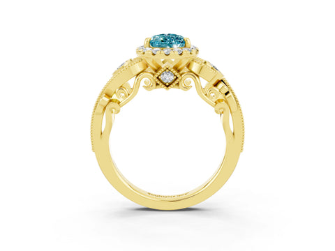 Yellow gold Pear Cut Blue Topaz Halo Ring with Milgrain Pavé Band and Four-Prong Setting_15