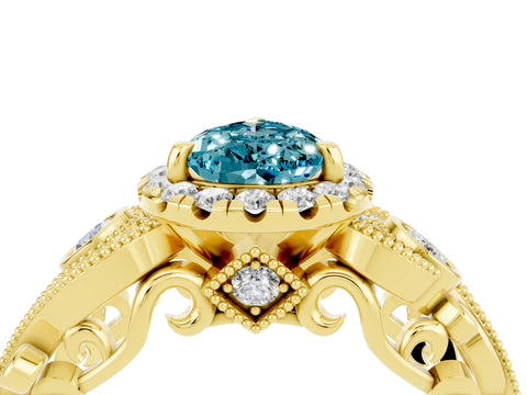 Yellow gold Pear Cut Blue Topaz Halo Ring with Milgrain Pavé Band and Four-Prong Setting_16