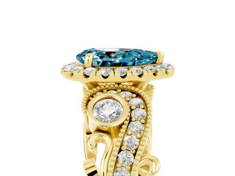 Yellow gold Pear Cut Blue Topaz Halo Ring with Milgrain Pavé Band and Four-Prong Setting_17