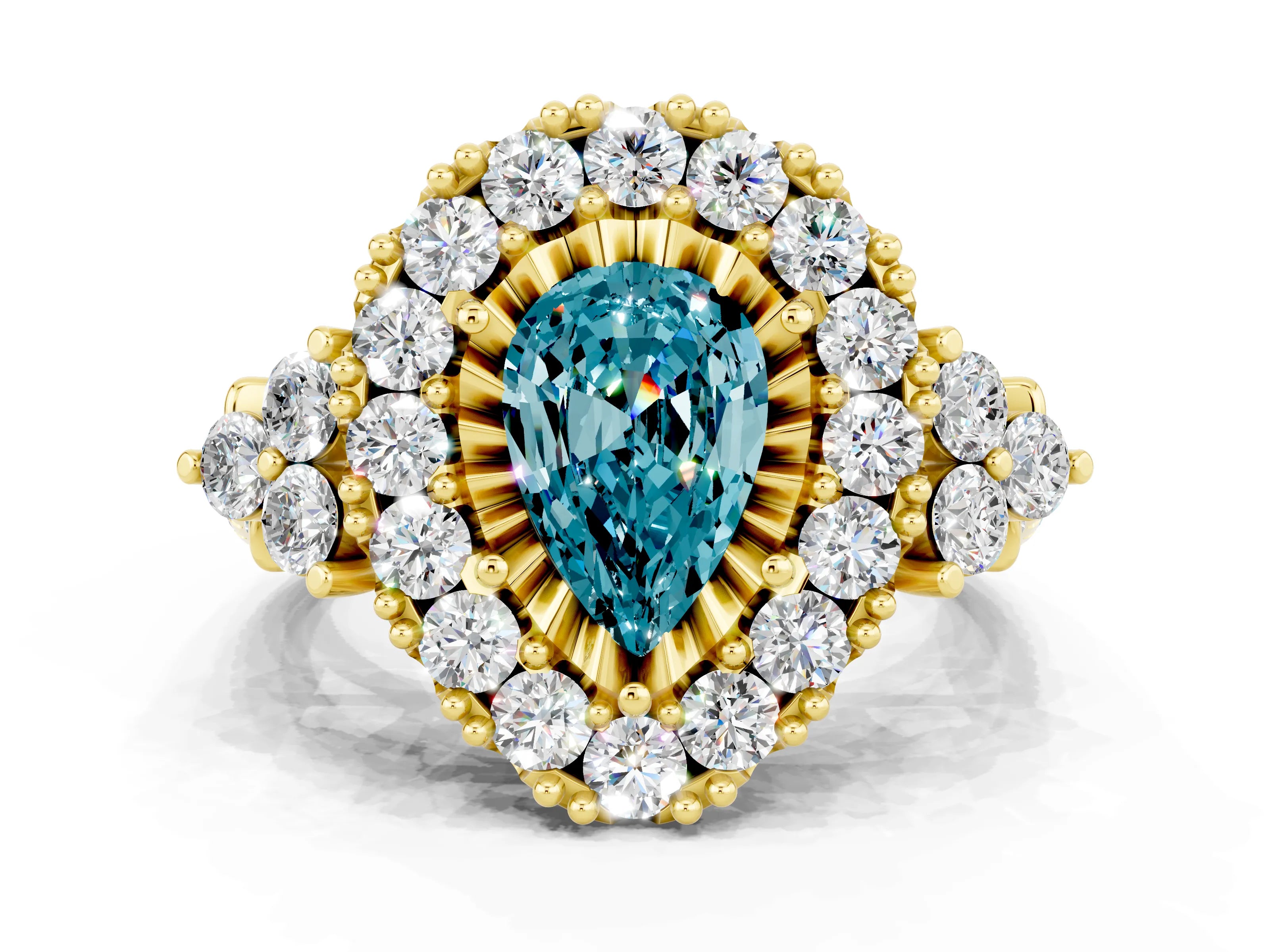 Yellow gold Pear Cut Blue Topaz Halo Ring with Pavé Band and Four-Prong Setting_12