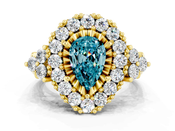 Yellow gold Pear Cut Blue Topaz Halo Ring with Pavé Band and Four-Prong Setting