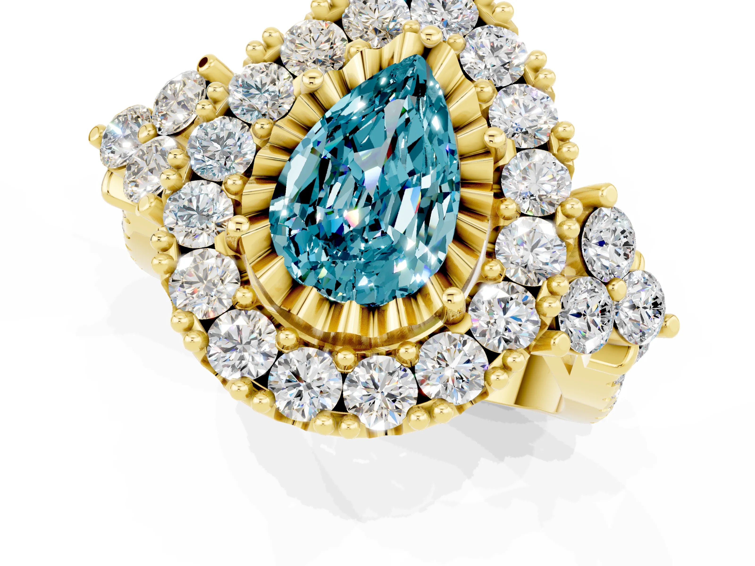 Yellow gold Pear Cut Blue Topaz Halo Ring with Pavé Band and Four-Prong Setting_13