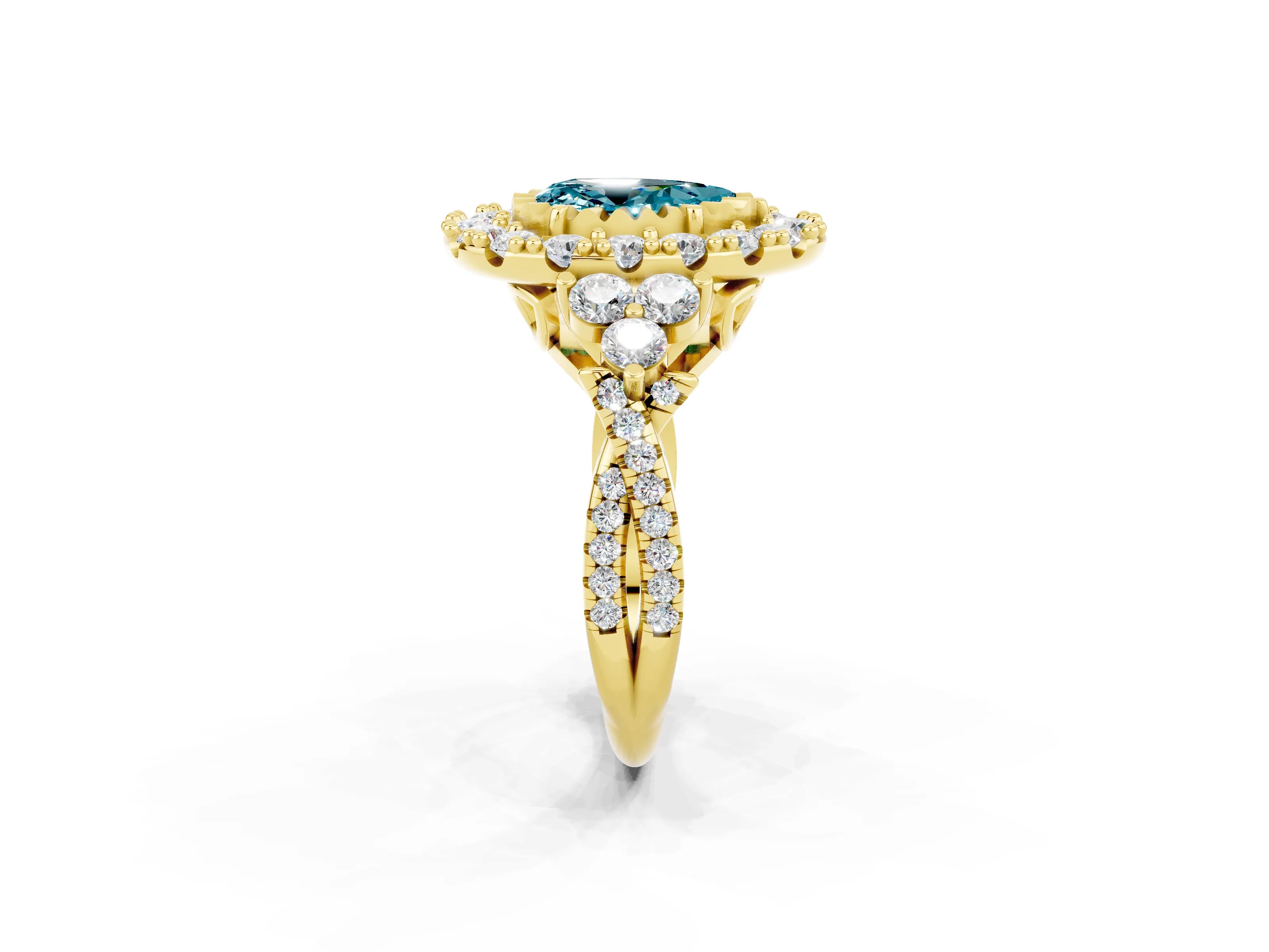 Yellow gold Pear Cut Blue Topaz Halo Ring with Pavé Band and Four-Prong Setting_14