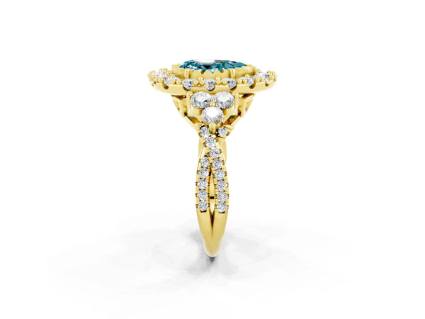 Yellow gold Pear Cut Blue Topaz Halo Ring with Pavé Band and Four-Prong Setting