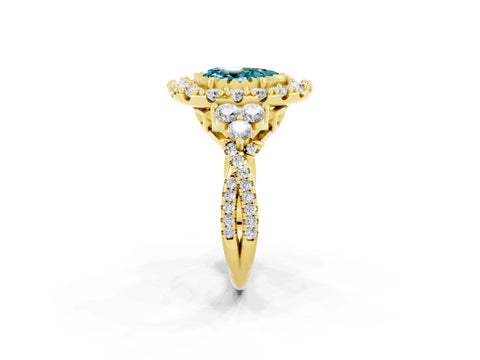 Yellow gold Pear Cut Blue Topaz Halo Ring with Pavé Band and Four-Prong Setting_14