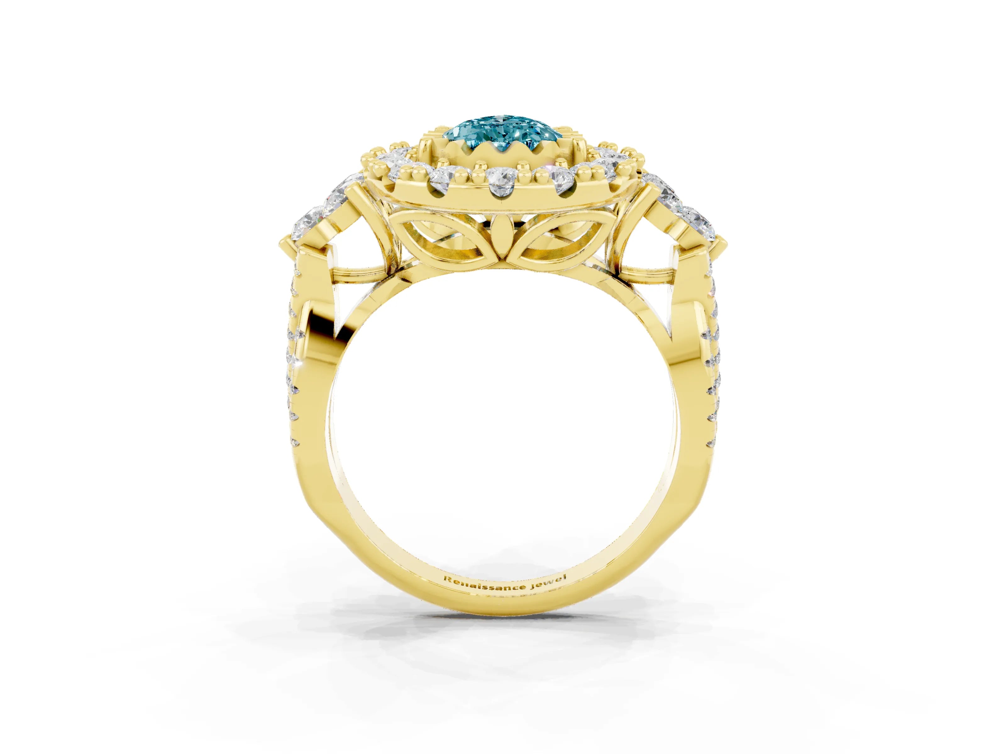 Yellow gold Pear Cut Blue Topaz Halo Ring with Pavé Band and Four-Prong Setting_15