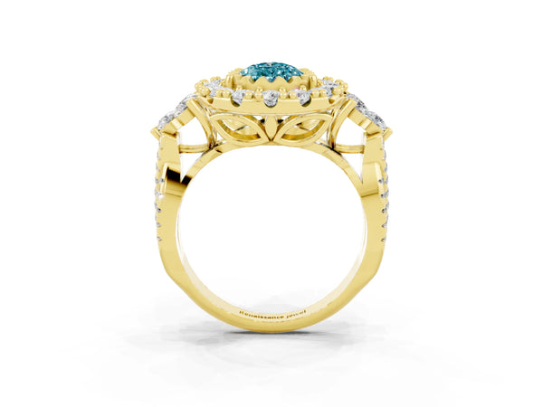 Yellow gold Pear Cut Blue Topaz Halo Ring with Pavé Band and Four-Prong Setting