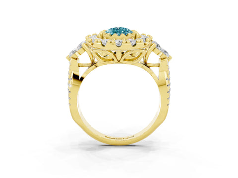 Yellow gold Pear Cut Blue Topaz Halo Ring with Pavé Band and Four-Prong Setting_15