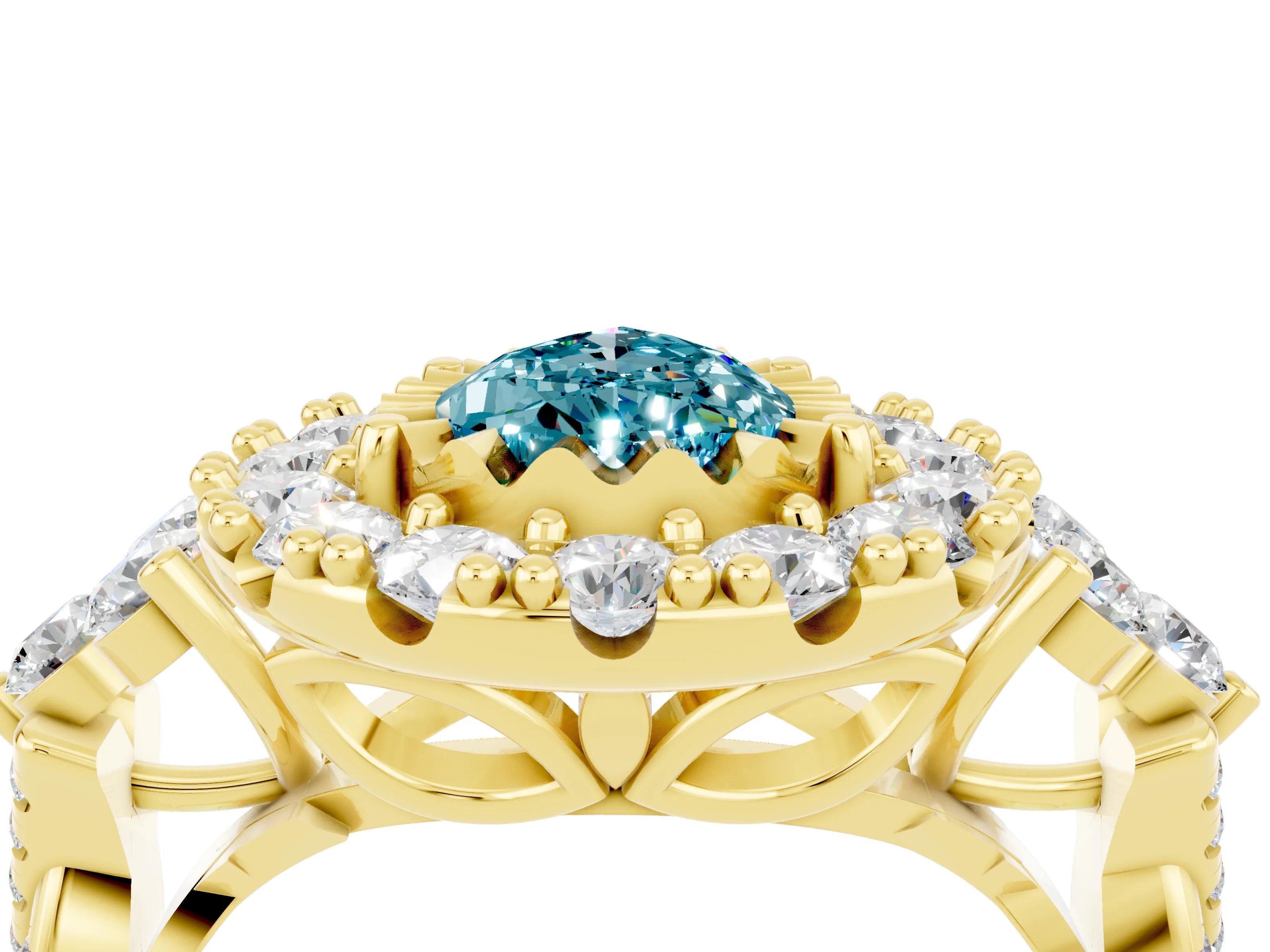 Yellow gold Pear Cut Blue Topaz Halo Ring with Pavé Band and Four-Prong Setting_16