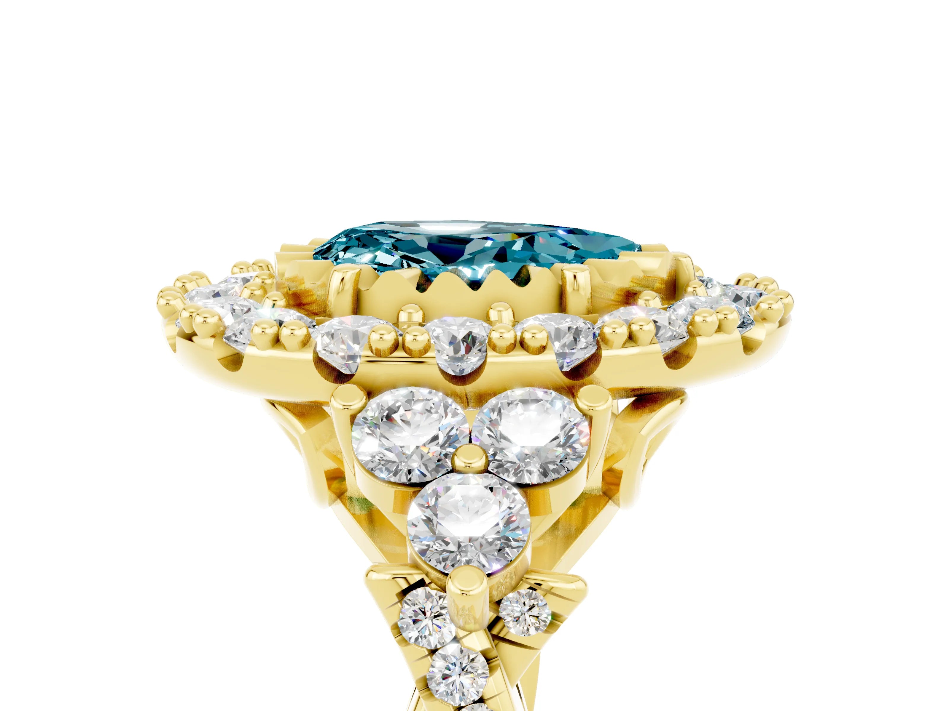 Yellow gold Pear Cut Blue Topaz Halo Ring with Pavé Band and Four-Prong Setting_17