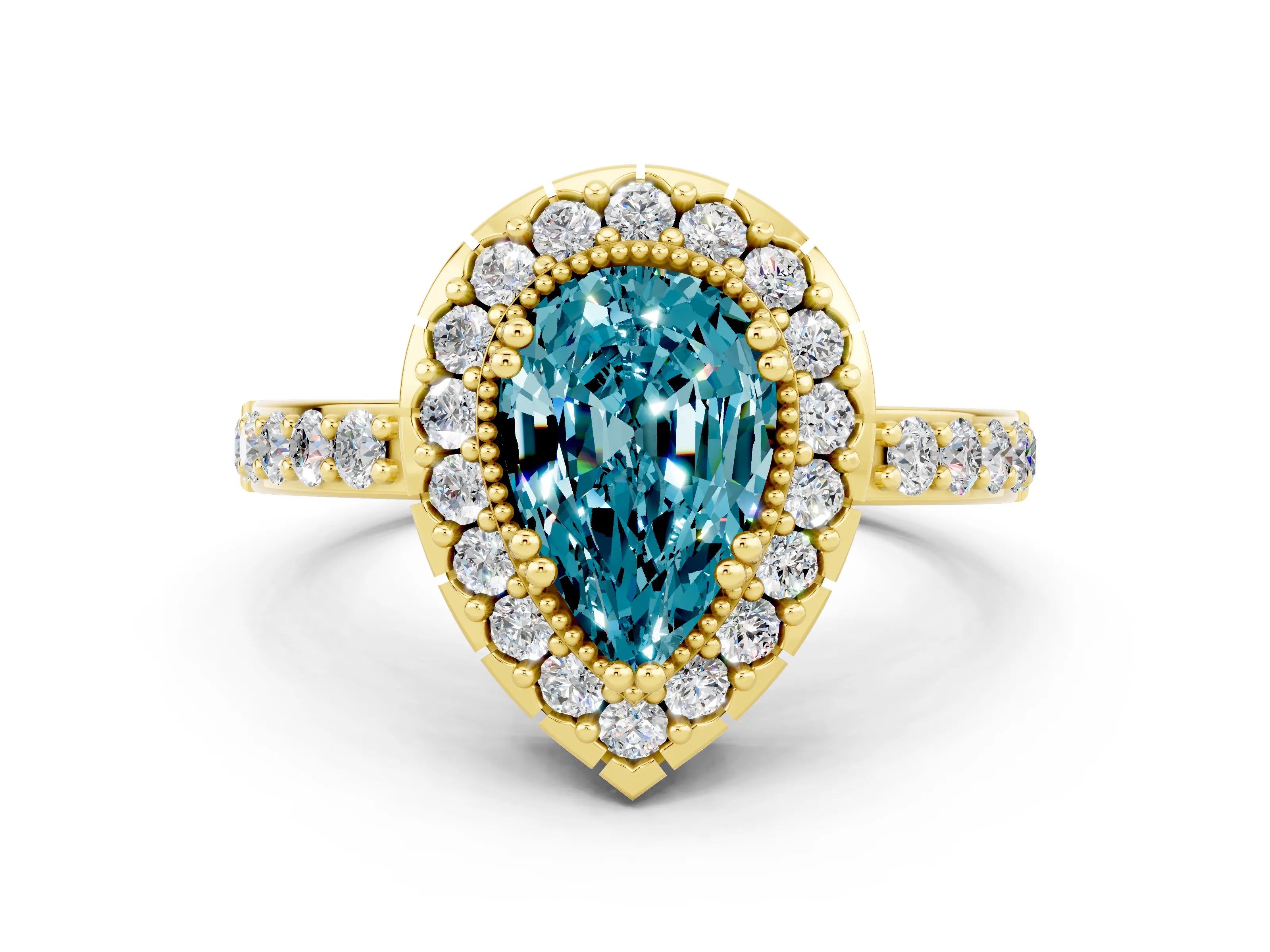 Yellow gold Pear Cut Blue Topaz Halo Ring with Pavé Band and Prong Setting