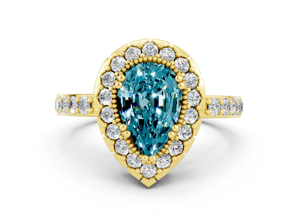 Yellow gold Pear Cut Blue Topaz Halo Ring with Pavé Band and Prong Setting