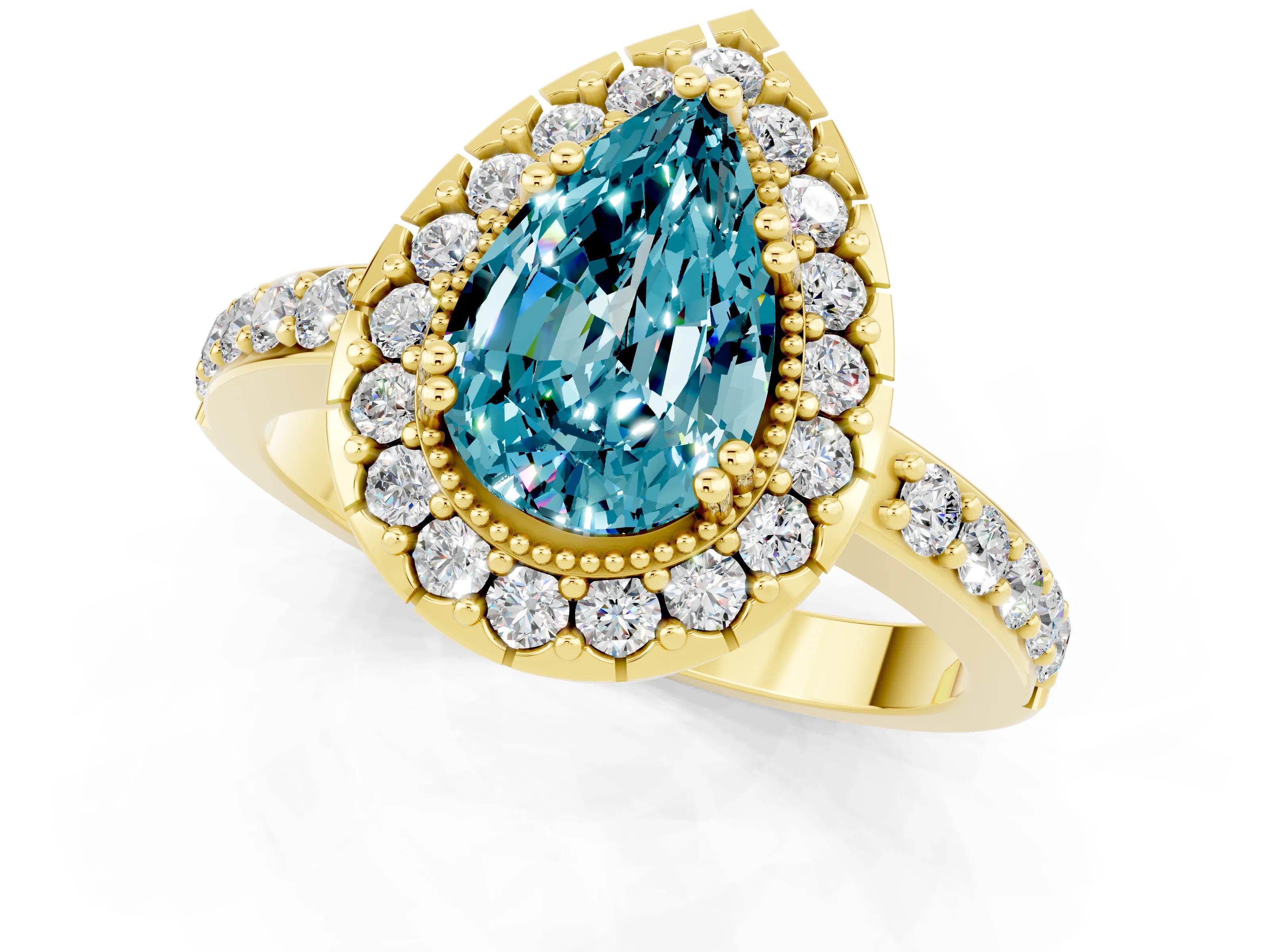 Yellow gold Pear Cut Blue Topaz Halo Ring with Pavé Band and Prong Setting_1