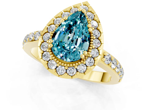 Yellow gold Pear Cut Blue Topaz Halo Ring with Pavé Band and Prong Setting_1