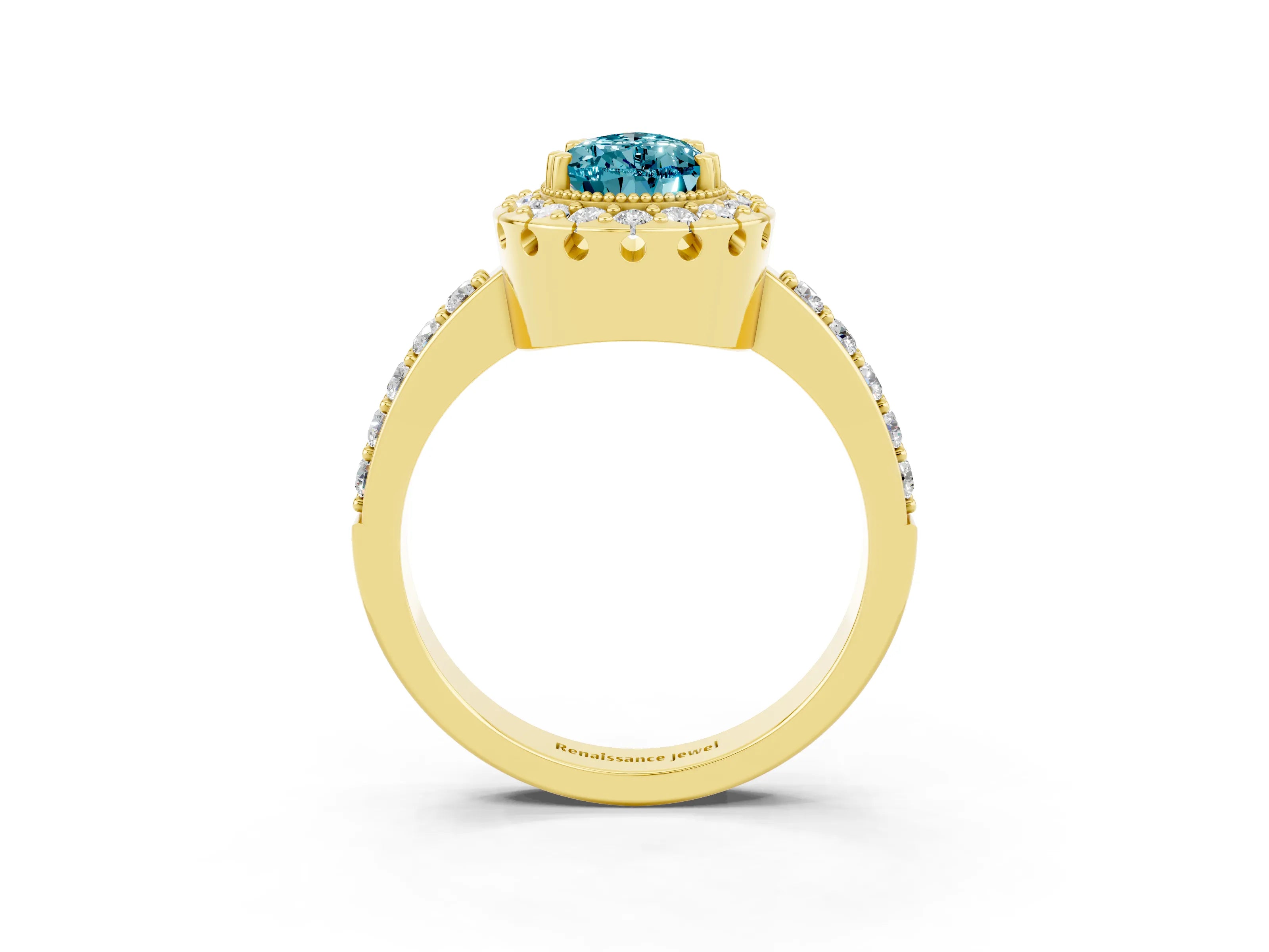 Yellow gold Pear Cut Blue Topaz Halo Ring with Pavé Band and Prong Setting_3
