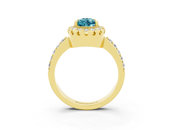 Yellow gold Pear Cut Blue Topaz Halo Ring with Pavé Band and Prong Setting