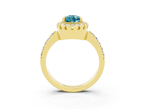Yellow gold Pear Cut Blue Topaz Halo Ring with Pavé Band and Prong Setting_3