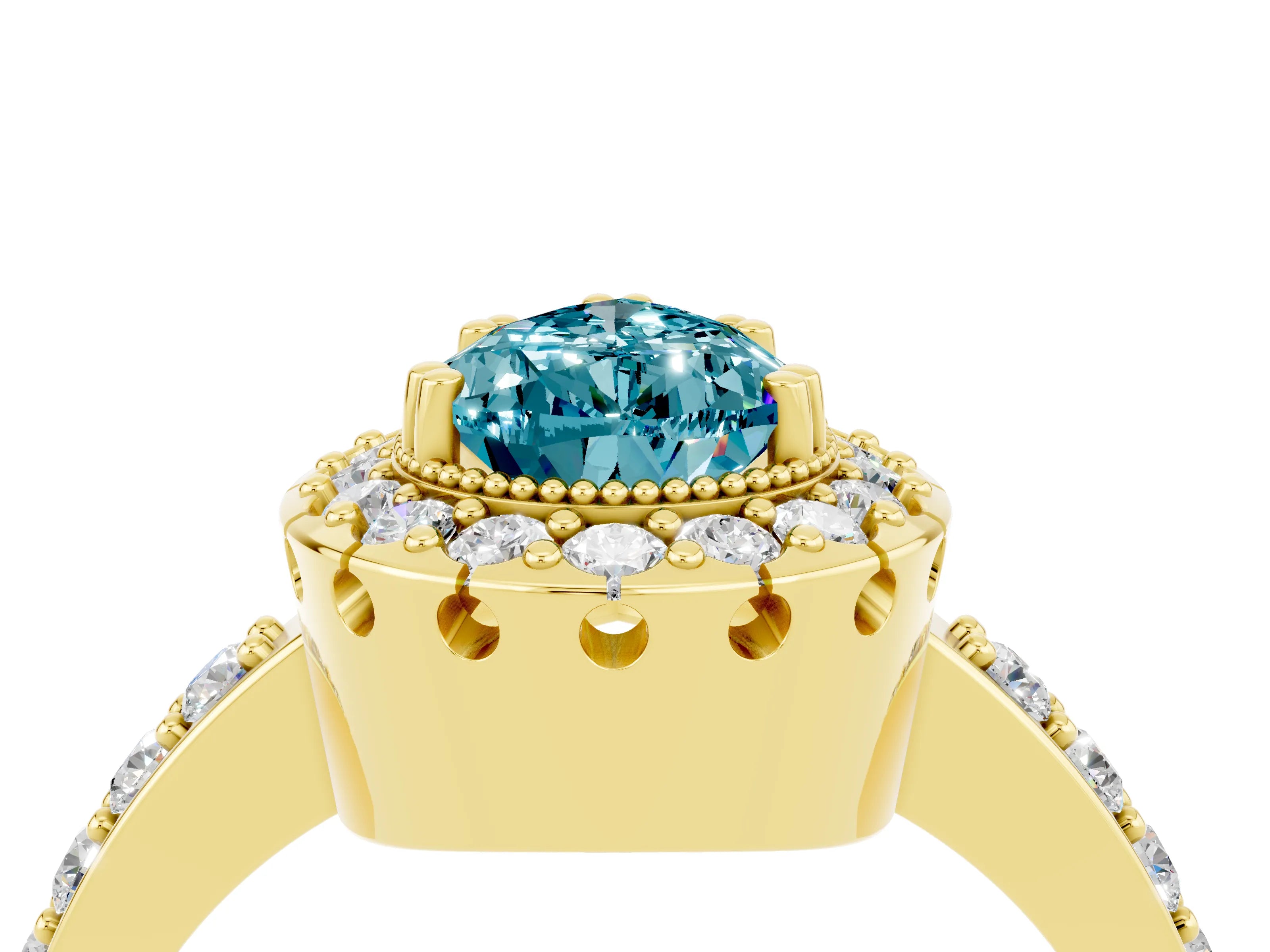 Yellow gold Pear Cut Blue Topaz Halo Ring with Pavé Band and Prong Setting_4
