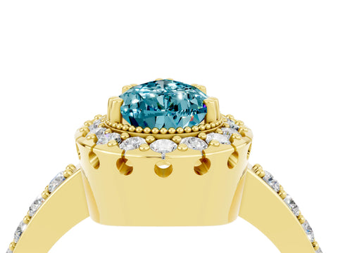 Yellow gold Pear Cut Blue Topaz Halo Ring with Pavé Band and Prong Setting_4