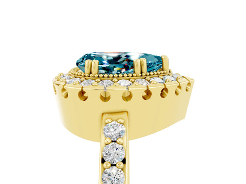 Yellow gold Pear Cut Blue Topaz Halo Ring with Pavé Band and Prong Setting_5