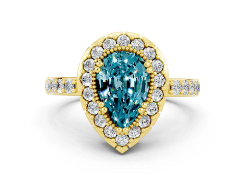 Yellow gold Pear Cut Blue Topaz Halo Ring with Pavé Band and Prong Setting