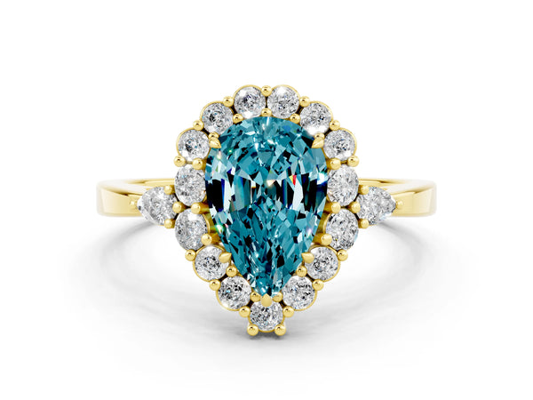 Yellow gold Pear Cut Blue Topaz Halo Ring with Pear Side Stones and Prong Setting