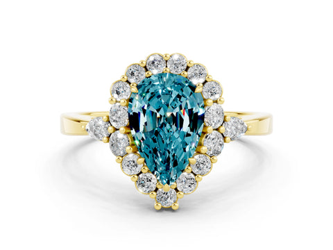 Yellow gold Pear Cut Blue Topaz Halo Ring with Pear Side Stones and Prong Setting_12