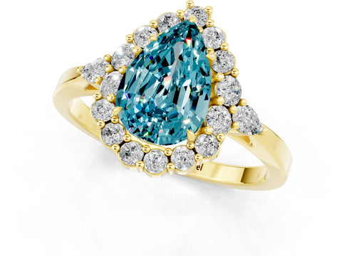 Yellow gold Pear Cut Blue Topaz Halo Ring with Pear Side Stones and Prong Setting_13