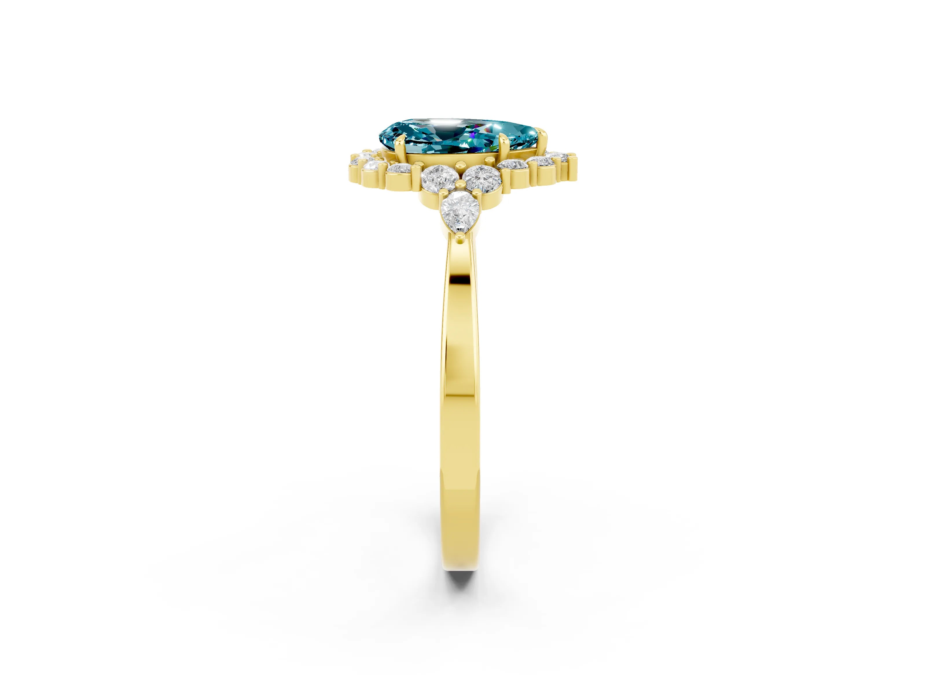 Yellow gold Pear Cut Blue Topaz Halo Ring with Pear Side Stones and Prong Setting_14