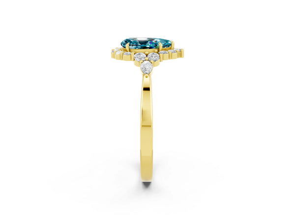 Yellow gold Pear Cut Blue Topaz Halo Ring with Pear Side Stones and Prong Setting