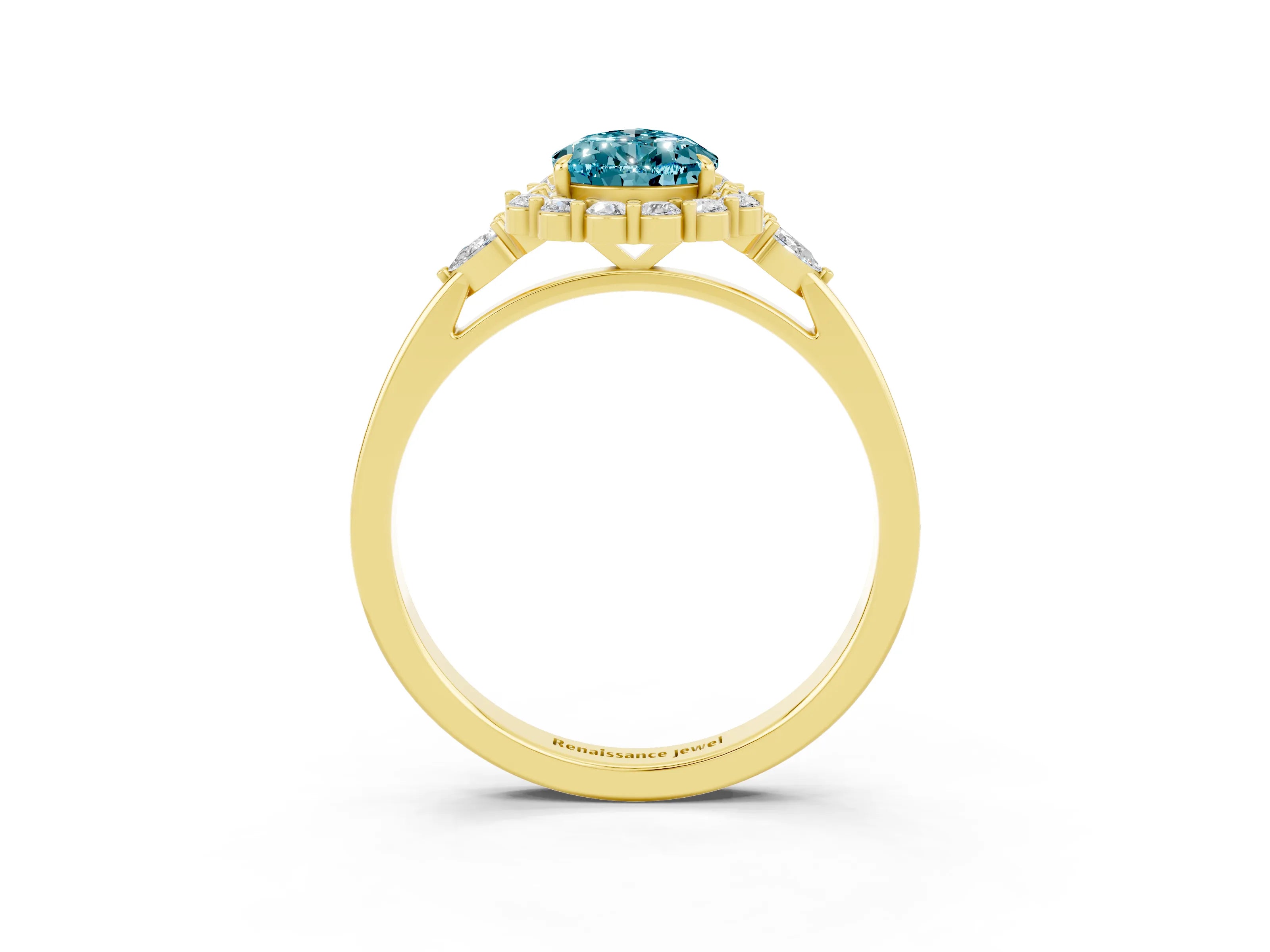 Yellow gold Pear Cut Blue Topaz Halo Ring with Pear Side Stones and Prong Setting_15