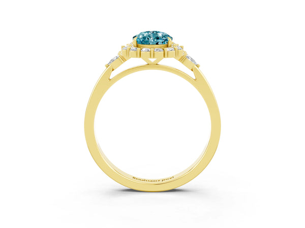 Yellow gold Pear Cut Blue Topaz Halo Ring with Pear Side Stones and Prong Setting