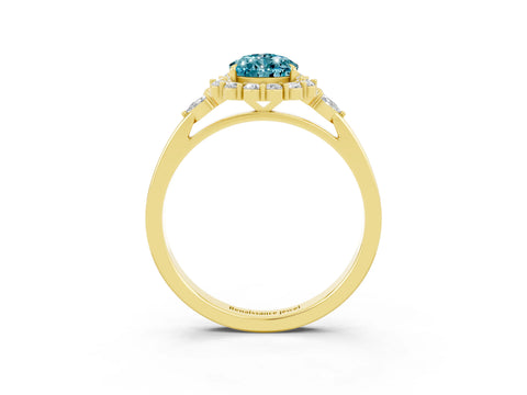 Yellow gold Pear Cut Blue Topaz Halo Ring with Pear Side Stones and Prong Setting_15