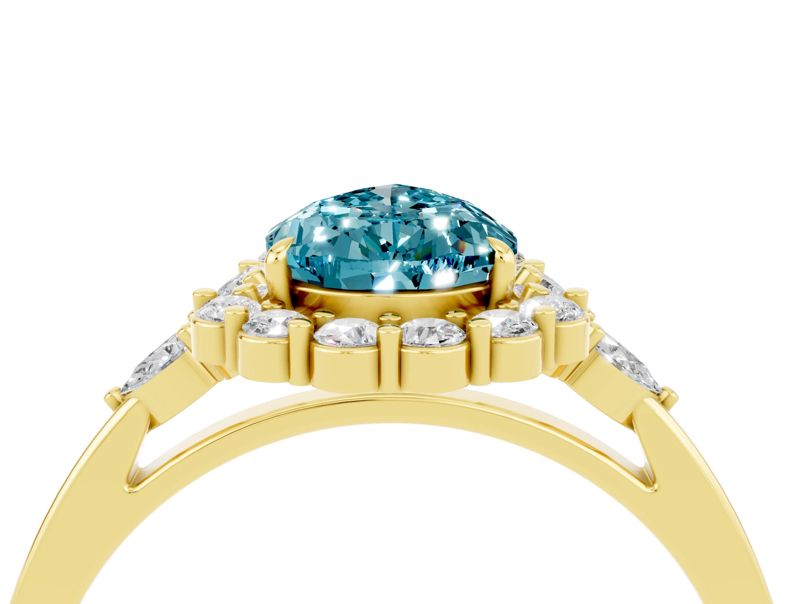 Yellow gold Pear Cut Blue Topaz Halo Ring with Pear Side Stones and Prong Setting_16