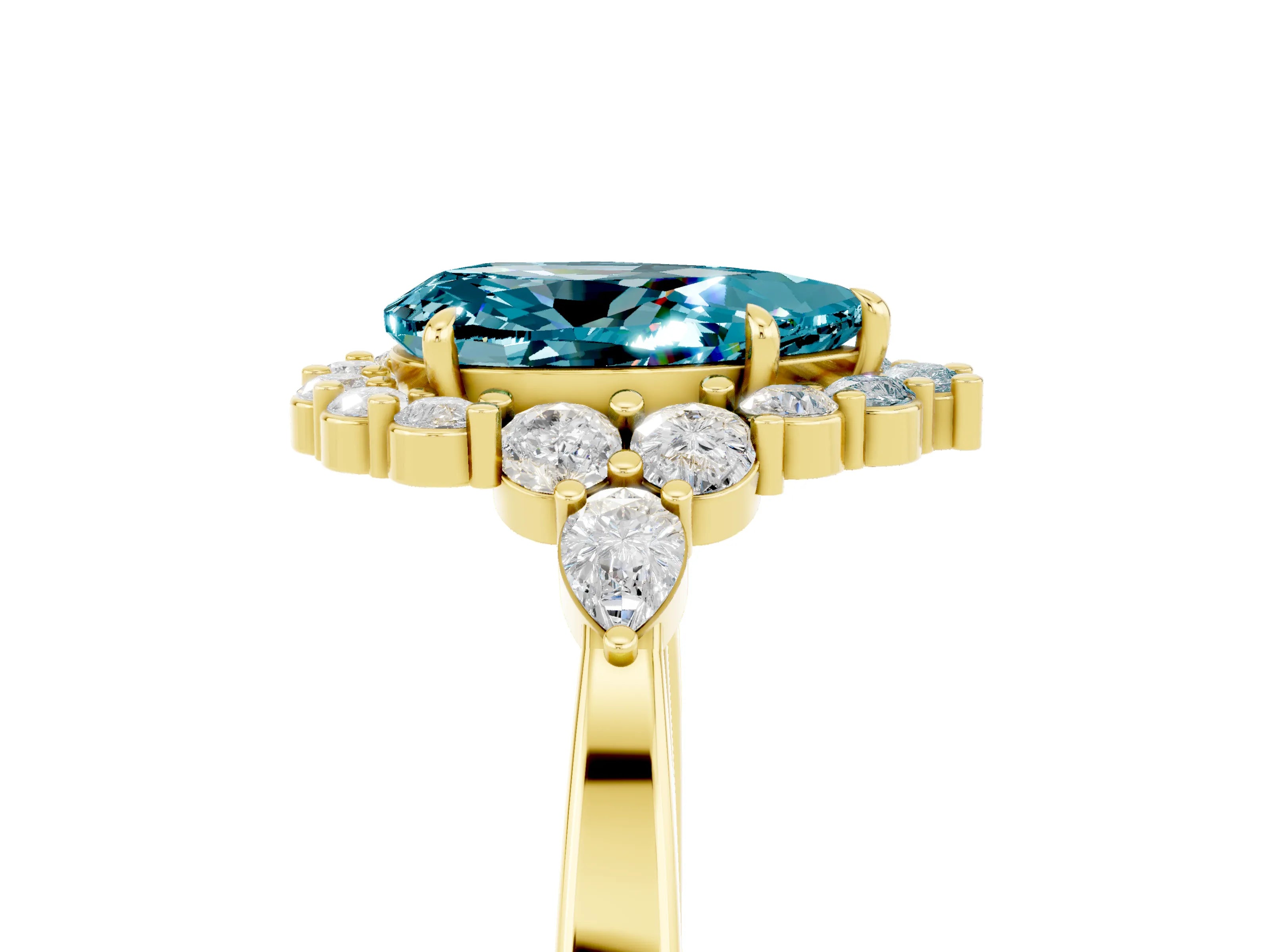 Yellow gold Pear Cut Blue Topaz Halo Ring with Pear Side Stones and Prong Setting_17