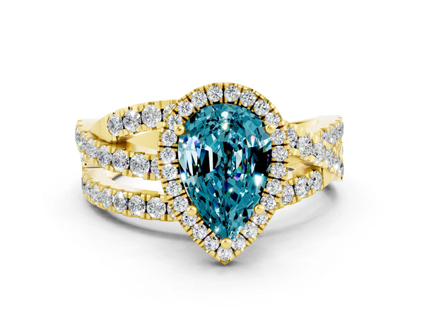 Yellow gold Pear Cut Blue Topaz Halo Ring with Round Split Shank and Prong Setting