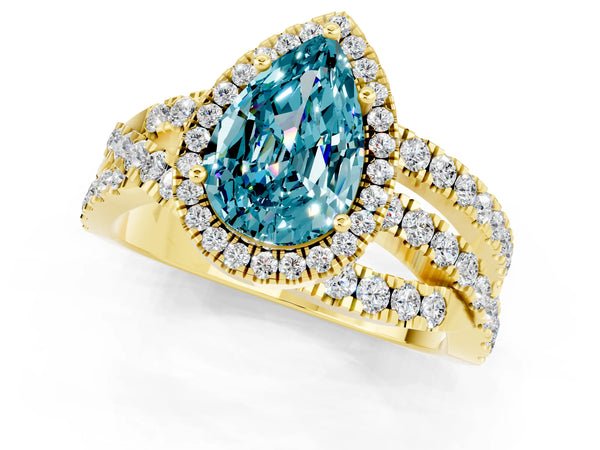 Yellow gold Pear Cut Blue Topaz Halo Ring with Round Split Shank and Prong Setting