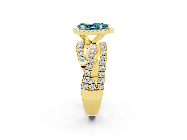 Yellow gold Pear Cut Blue Topaz Halo Ring with Round Split Shank and Prong Setting