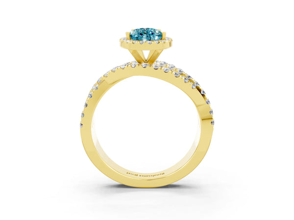 Yellow gold Pear Cut Blue Topaz Halo Ring with Round Split Shank and Prong Setting