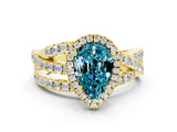 Yellow gold Pear Cut Blue Topaz Halo Ring with Round Split Shank and Prong Setting_48