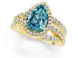 Yellow gold Pear Cut Blue Topaz Halo Ring with Round Split Shank and Prong Setting_49