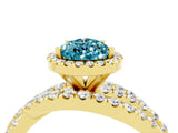 Yellow gold Pear Cut Blue Topaz Halo Ring with Round Split Shank and Prong Setting_52