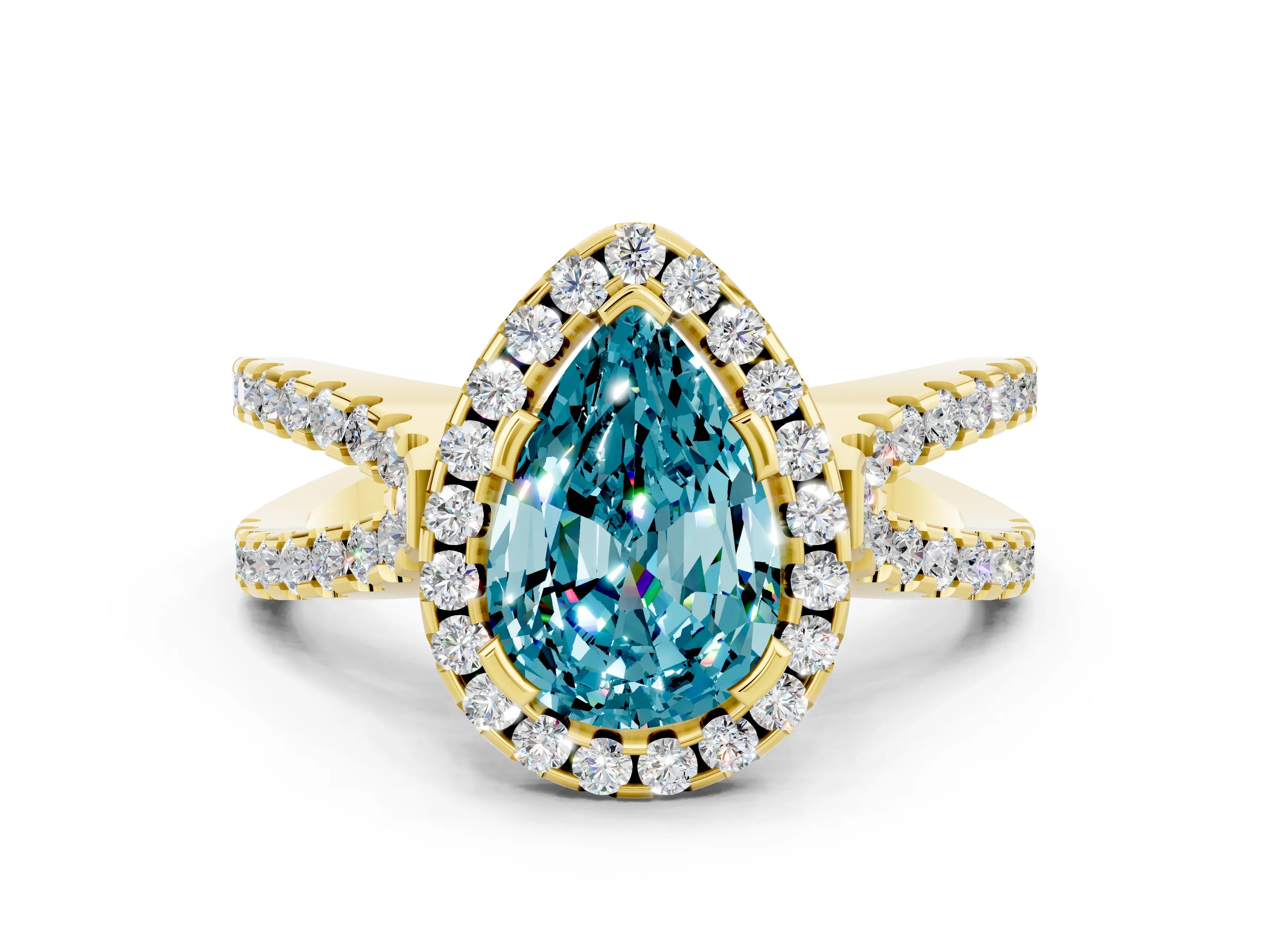 Yellow gold Pear Cut Blue Topaz Halo Ring with Split Shank Pavé Band and Prong Setting