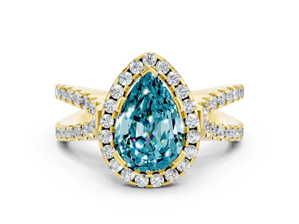 Yellow gold Pear Cut Blue Topaz Halo Ring with Split Shank Pavé Band and Prong Setting