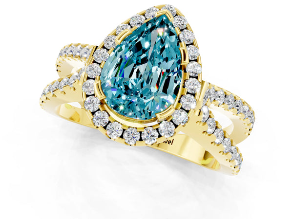 Yellow gold Pear Cut Blue Topaz Halo Ring with Split Shank Pavé Band and Prong Setting