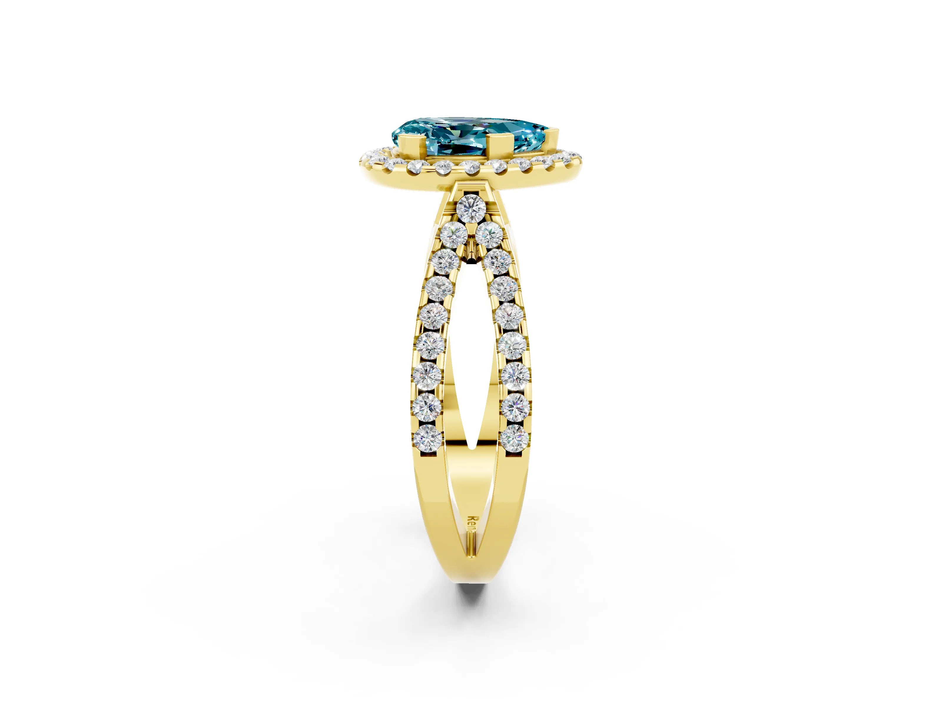 Yellow gold Pear Cut Blue Topaz Halo Ring with Split Shank Pavé Band and Prong Setting_2