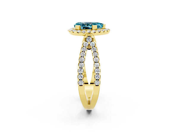 Yellow gold Pear Cut Blue Topaz Halo Ring with Split Shank Pavé Band and Prong Setting