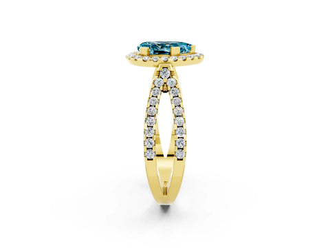 Yellow gold Pear Cut Blue Topaz Halo Ring with Split Shank Pavé Band and Prong Setting_2