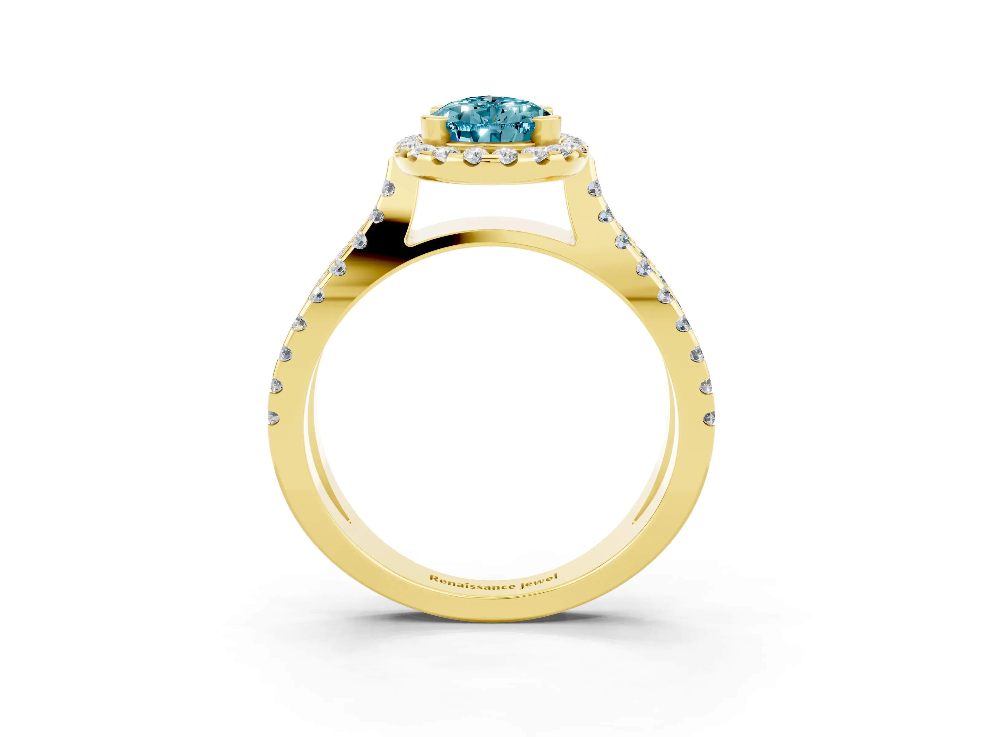Yellow gold Pear Cut Blue Topaz Halo Ring with Split Shank Pavé Band and Prong Setting_3